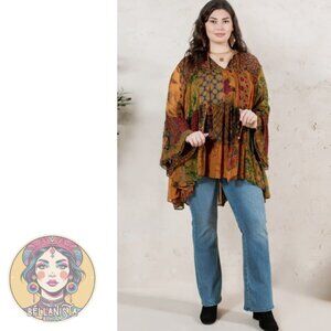 44335 YOUNG THREADS Overdyed Band Collar Jhabla Patchwork Top Camel